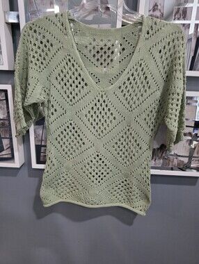 Light Green Open-Knit V-Neck Women's Top